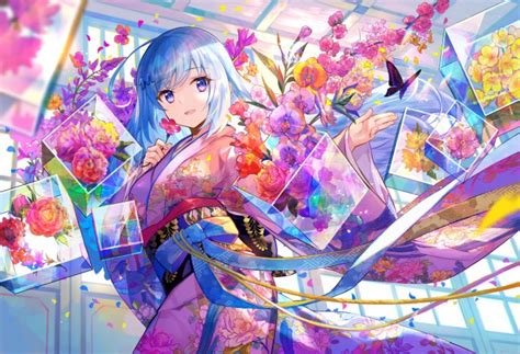 Elegant, female, flowers, girl, happiness, happy, pot, roses, smile, smiling, wallpaper, woman. Wallpaper Emori Miku Project, Kimono, Colorful Flowers ...