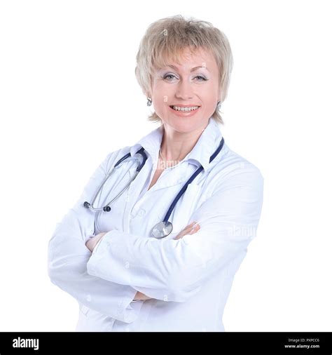 Portrait Of Woman Practicing Physicianisolated On White Stock Photo