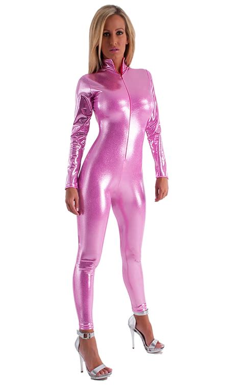 Front Zipper Catsuit Bodysuit In Metallic Mystique Bubblegum Pink By Skinz