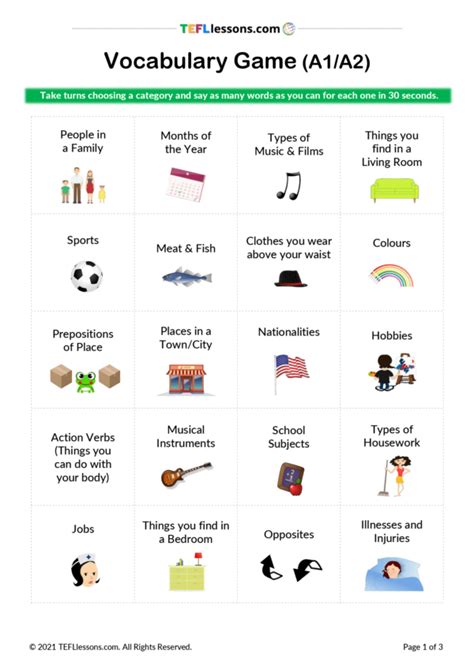 Vocabulary Game A1a2 Free Esl Worksheets