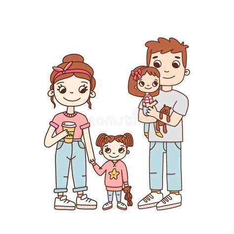 Familia Joven Mamá Papá Y Dos Hijas Ilustración Del Vector