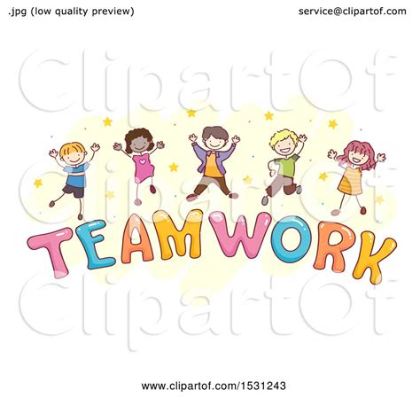 Clipart Of A Sketched Group Of Children Jumping Over The Word Teamwork
