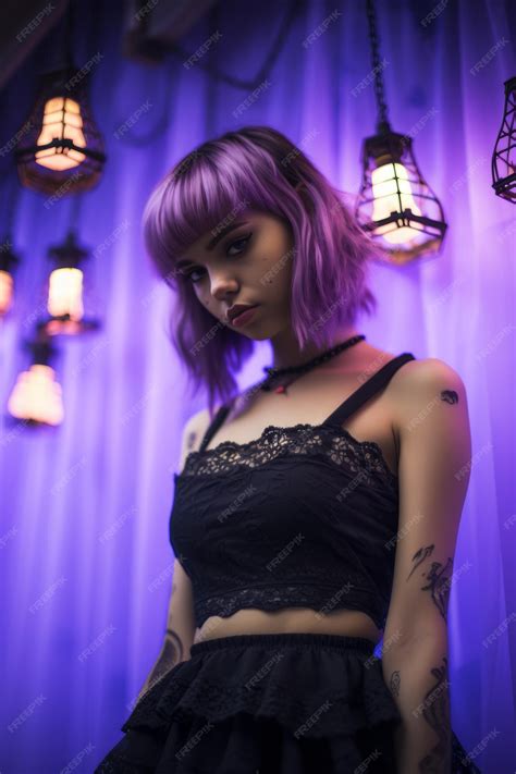 Premium Ai Image A Woman With Purple Hair And Tattoos Standing In