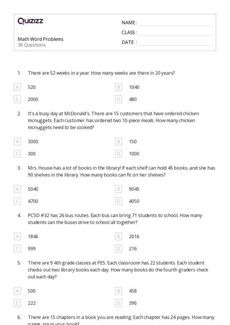 50 Math Word Problems Worksheets For 4th Grade On Quizizz Free