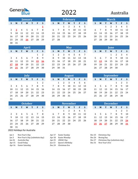 Calendar 2022 Australia Excel