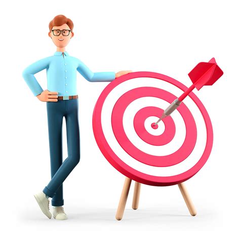 3d Illustration Of Smiling Man Standing Next To A Huge Target With A