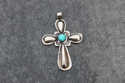 Vintage Navajo Sterling Silver Turquoise Cross Pendant Native