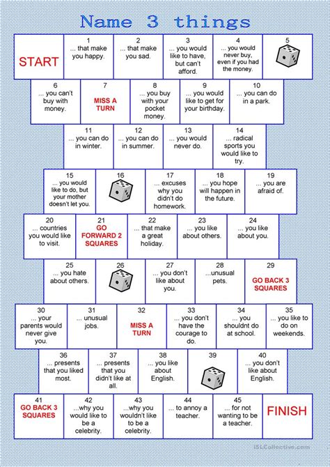 Board Game Name 3 Things English Esl Worksheets For