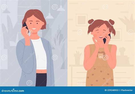 Madre Hablando Con Una Niña En El Teléfono Móvil Lindos Personajes