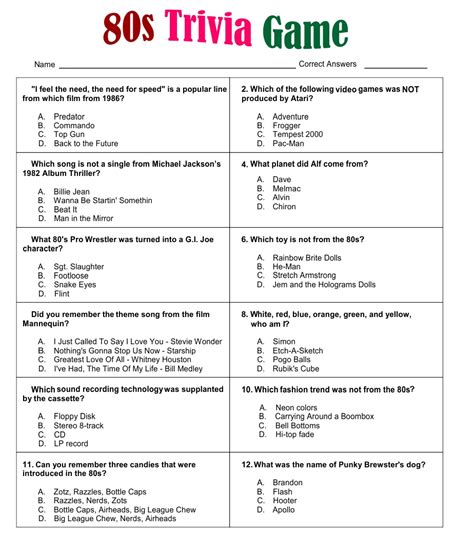 Free Printable 80s Trivia Questions And Answers Printable The Big