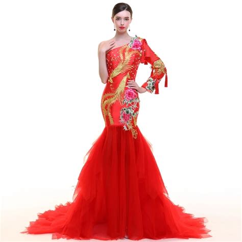 Red Women Phoenix Embroidery Dresses Traditional Evening Gown Qipao Pattern Long Cheongsam Dress