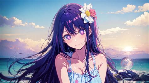 Download Wallpaper 2560x1440 Girl Smile Flower Summer Sea Anime
