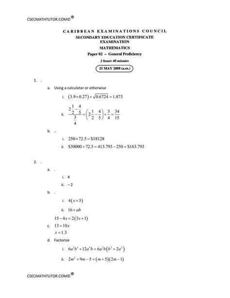 Cxc 2008 Maths Past Paper