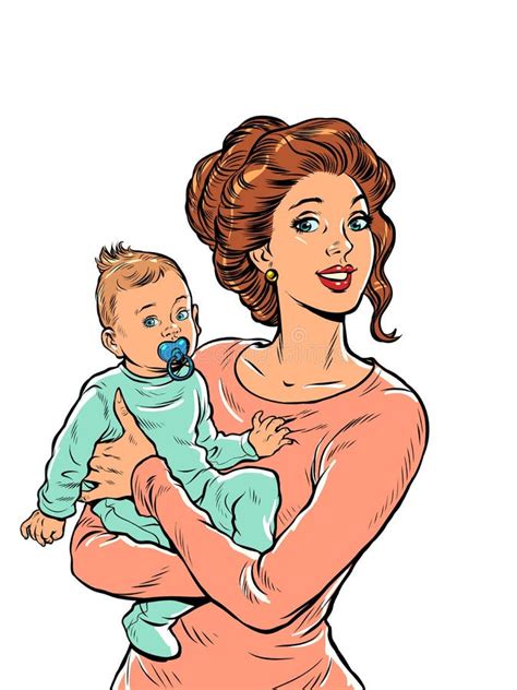 Joyful Mother With A Child In Her Arms Mothers Day Pop Art Retro