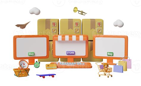 Orange Computer Monitor With Store Front Cart Paper Bags Goods