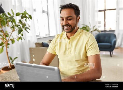 Indian Man With Laptop Working At Home Office Stock Photo Alamy