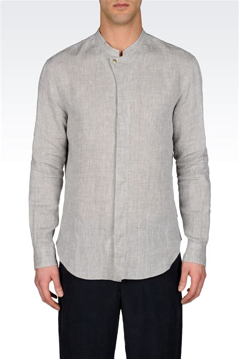Armani Linen Shirt With Mandarin Collar In Gray For Men