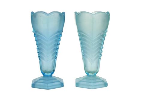 Art Deco Chevron Glass Vases Pair Of Davidson Frosted Blue Etsy Uk