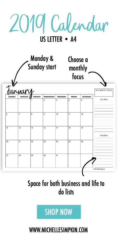2019 Calendar A Simple Minimalist Design To Help You Organize Your