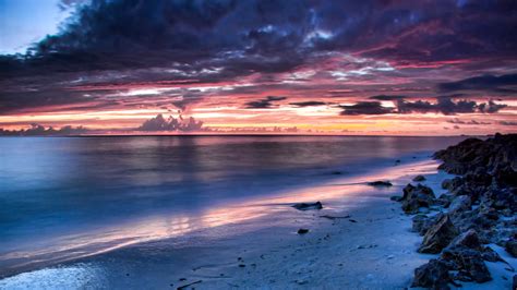 Blue Clouds Nature Ocean Pink Rocks Sea Skies Sunrise Sunset Hd Wallpaper