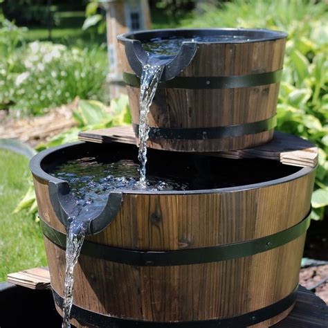 Sunnydaze Rustic 3 Tier Wood Barrel Water Fountain 30 Inch Tall