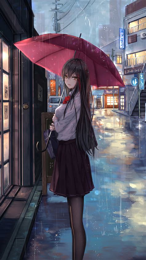 640x1136 Anime Girl Rain Umbrella Looking At Viewer Iphone 55c5sse