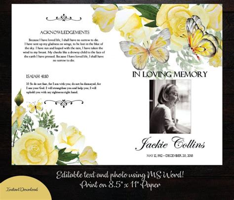 Watercolor Yellow Roses Butterfly Funeral Program Template Bi Fold