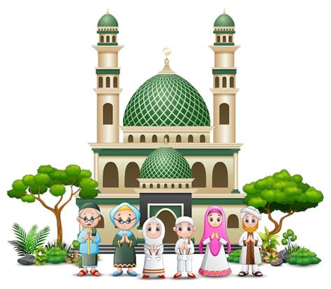 Premium Vector Happy Islamic Kids Cartoon Playing In Front Of A Mosque