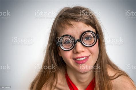 Funny Geek Or Nerd Woman Isolated On Gray Background Stock Photo