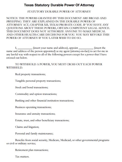Free Texas Financial Durable Power Of Attorney Form Pdf Template