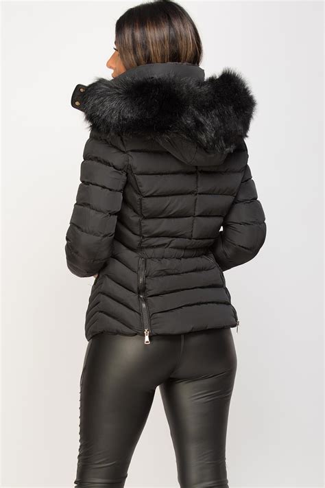 womens black puffer jacket with faux fur hood and quilted detail uk