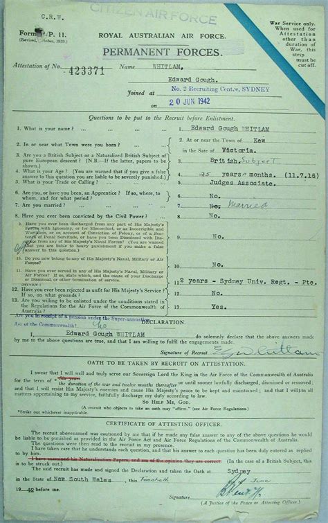 Whitlams Attestation Paper From His Raaf Officer Personnel File