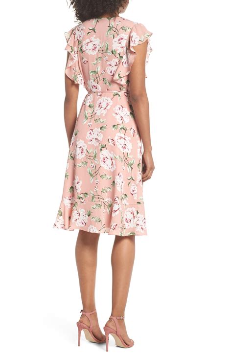 Charles Henry Ruffle Sleeve Floral Wrap Dress In Rose Floral Pink Lyst