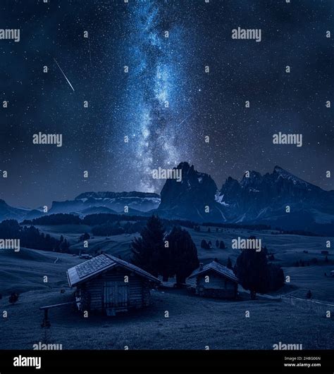 Milky Way And Alpe Di Siusi In Dolomites Italy Stock Photo Alamy