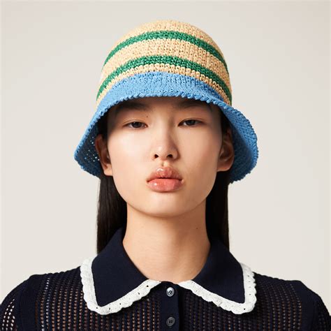 自然色 浅蓝色 粘纤酒椰纤维帽子 Miu Miu