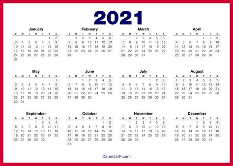 Printable 5 By 8 2021 Calendar 2021 Year At A Glance Calendar