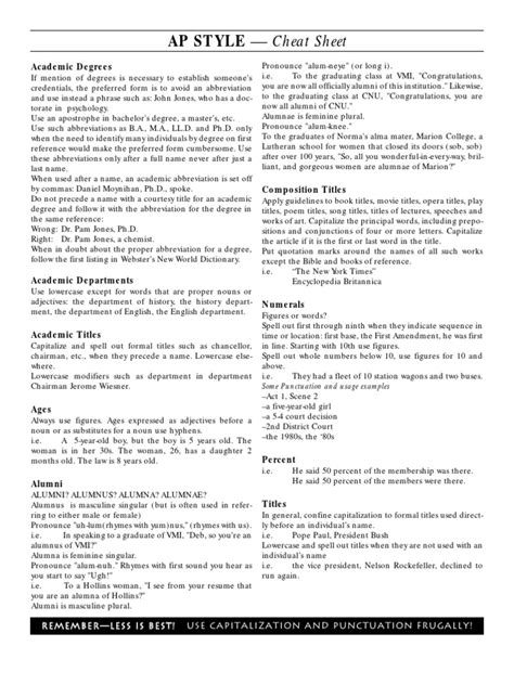 Ap Style Cheat Sheet Academic Degree English Language