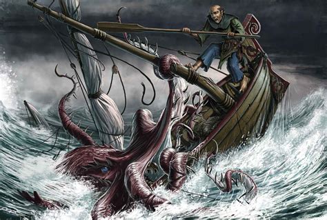 X Resolution Man Riding On Boat With Octopus Illustration Sea Old Ship Fantasy Art