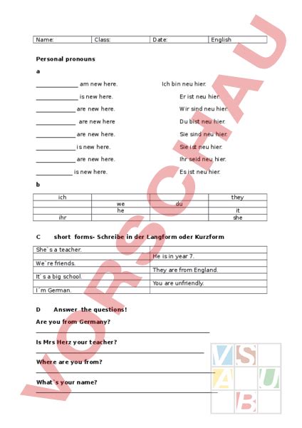 Arbeitsblatt Personal Pronouns To Be Short Forms Englisch Grammatik