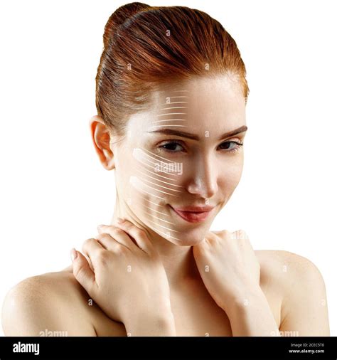 Face Lift Anti Aging Lines On Smiling Woman Face Stock Photo Alamy