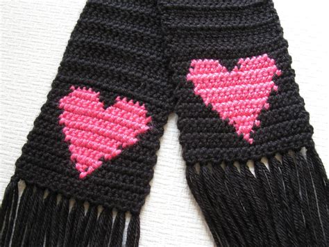 Crochet Heart Scarf Long Black Scarf With Bright Pink Hearts Etsy
