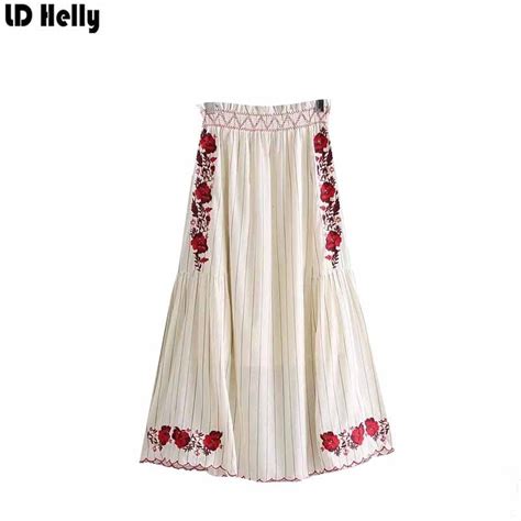 Ld Helly New Women Floral Embroidery Skirts Vintage Striped Mid Calf Skirt Elastic Waist Spring