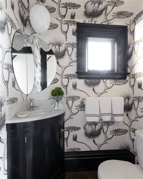 Powder Room With Black And White Wallpaper And Corner Vanity Home