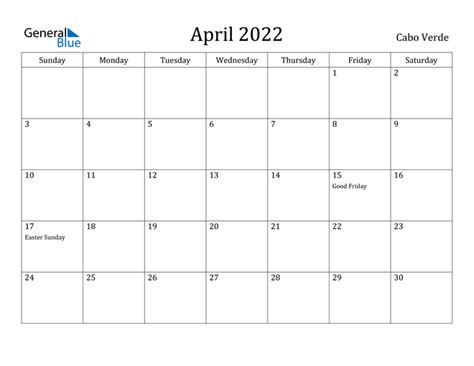 Cabo Verde April 2022 Calendar With Holidays