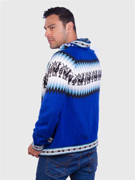 Alpaca Mens Knit Hoddie Blue Sweater Inti Alpaca Alpaca Clothing