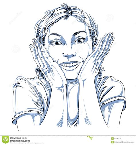 Hand Drawn Portrait Of White Skin Surprised Happy Woman Gesturing
