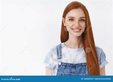 Close Up Cheerful Attractive Redhead Girl Long Healthy Hair Smiling Camera Standing Denim