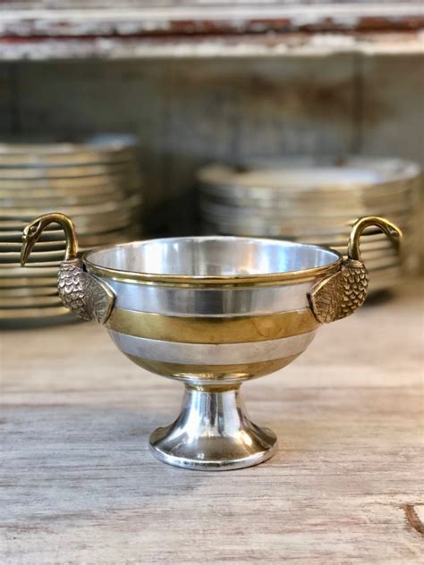 Silverplate And Brass Bowl With Swan Neck Handles European Antiques
