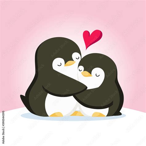 Cute Penguins Hugging Each Other Penguins In Love Cartoon Style