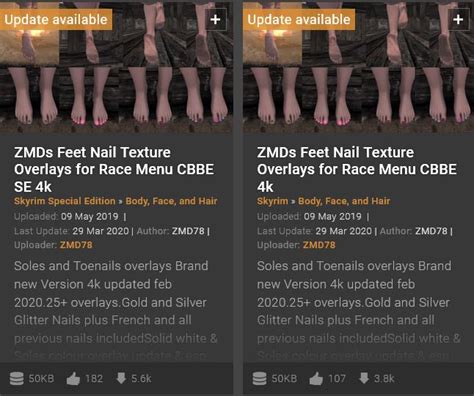 Mod Update Zmds Feet Nail Texture Overlays For Race Menu Cbbe Se 4k 3